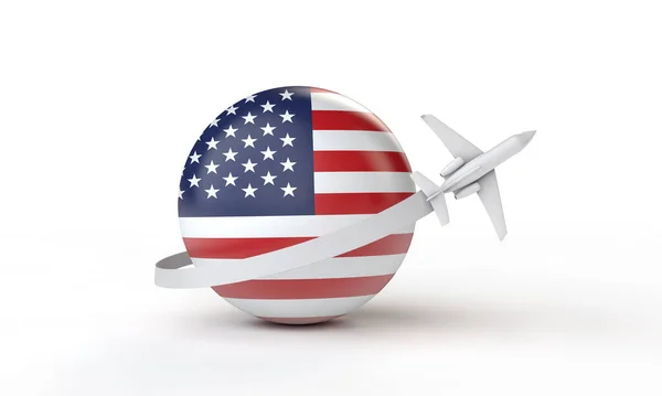 Podróż do USA koncepcja. Samolot latający wokół flagi. Renderowanie 3D. — Zdjęcie stockowe