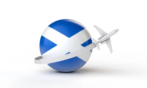 Viaje ao conceito de Acotland. Avião a voar à volta da bandeira. Renderização 3D . — Fotografia de Stock