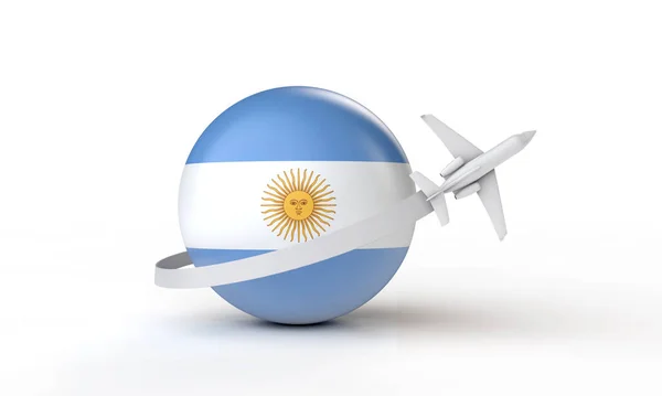 前往阿根廷的旅行概念。在国旗周围飞行的飞机。3D渲染. — 图库照片