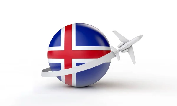 Путешествие в Исландию. Самолет развевается вокруг флага. 3D рендеринг . — стоковое фото