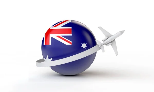 Cestování do Austrálie. Letadlo vlálo kolem vlajky. 3D vykreslování. — Stock fotografie