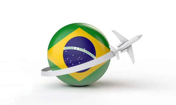 Подорож до Бразилії. Літак літає навколо прапора. 3D Рендерінг. — стокове фото