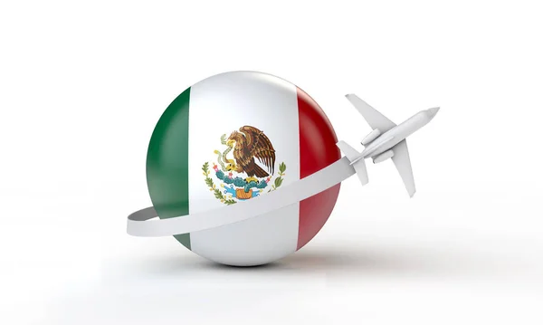 メキシコの概念への旅行。飛行機は旗の周りを飛ぶ。3Dレンダリング. — ストック写真