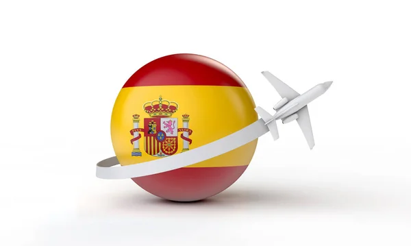 スペインの概念への旅行。飛行機は旗の周りを飛ぶ。3Dレンダリング. — ストック写真