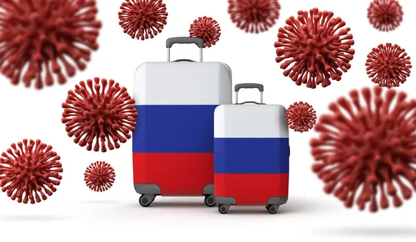 Russland flaggt Reisekoffer mit Coronavirus. 3D-Rendering. — Stockfoto