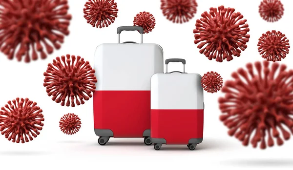 Polen flaggt Reisekoffer mit Coronavirus. 3D-Rendering. — Stockfoto