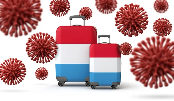 Luxemburg flaggt Reisekoffer mit Coronavirus. 3D-Rendering. — Stockfoto
