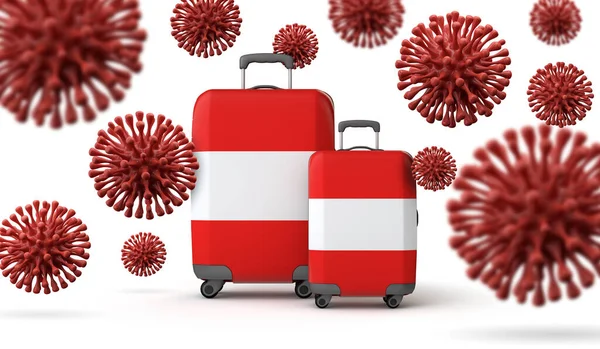 Österreich flaggt Reisekoffer mit Coronavirus. 3D-Rendering. — Stockfoto