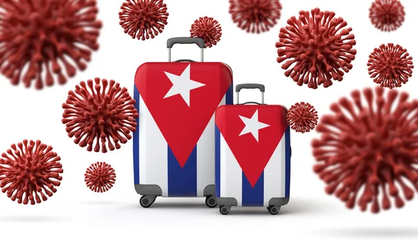 Cuba drapeau valises de voyage avec coronavirus. Rendu 3D. — Photo