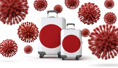 Japan flag travel suitcases with coronavirus. 3D Rendering. clipart