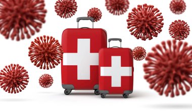 İsviçre bayrağı, içinde koronavirüs olan valizler taşıyor. 3B Hazırlama.