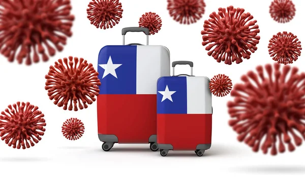 Malas de viagem bandeira do Chile com coronavírus. Renderização 3D . — Fotografia de Stock