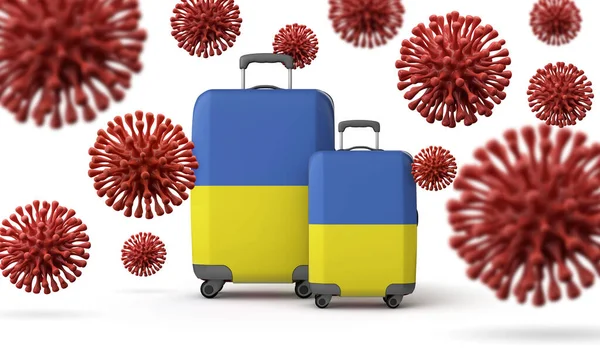 Die Ukraine flaggt Reisekoffer mit Coronavirus. 3D-Rendering. — Stockfoto