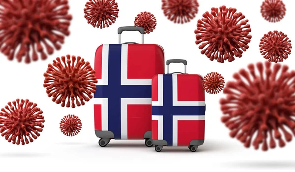 Valigie da viaggio bandiera norvegese con coronavirus. Rendering 3D . — Foto Stock