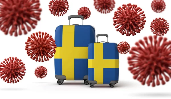 Maletas de viaje bandera de Suecia con coronavirus. Renderizado 3D . — Foto de Stock