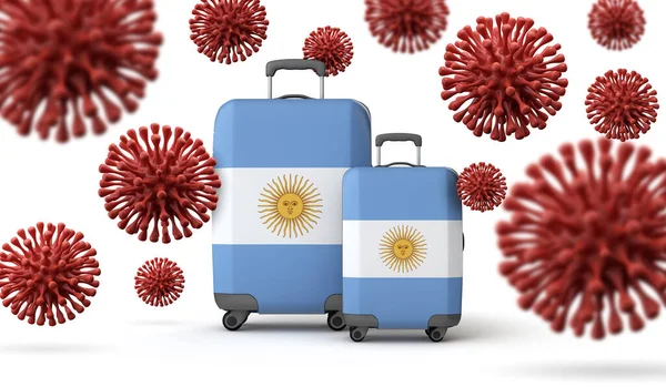 Аргентинський прапор подорожує валізами з коронавірусом. 3D Рендерінг. — стокове фото