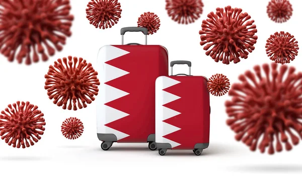 Bahrain-Flagge Reisekoffer mit Coronavirus. 3D-Rendering. — Stockfoto