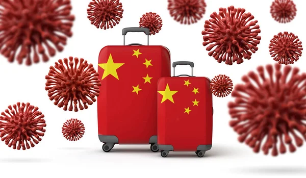 Čína vlajky cestovní kufry s koronavirem. 3D vykreslování. — Stock fotografie