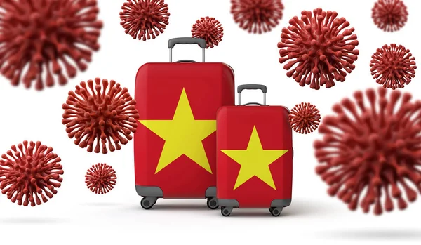 Vietnamská vlajka cestovní kufry s koronavirem. 3D vykreslování. — Stock fotografie