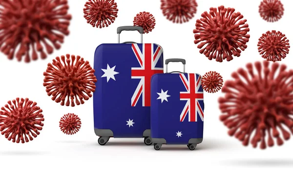 Australia flag travel suitcases with coronavirus. 3D Rendering.