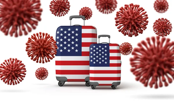 USA flaga walizki podróży z koronawirusem. Renderowanie 3D. — Zdjęcie stockowe