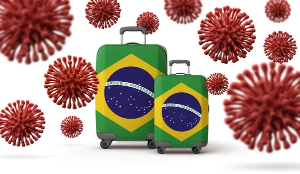 Бразильський прапор подорожує валізами з коронавірусом. 3D Рендерінг. — стокове фото