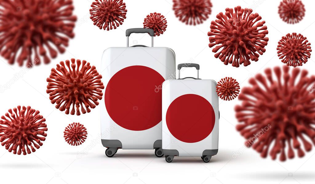 Japan flag travel suitcases with coronavirus. 3D Rendering.