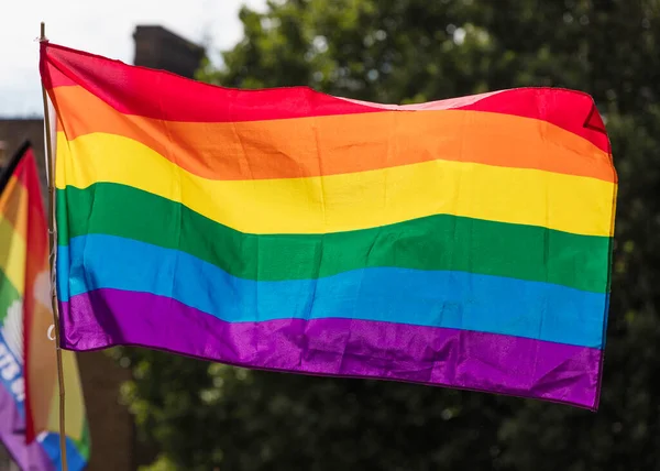 Orgulho gay, bandeiras do arco-íris LGBTQ sendo acenadas no ar em um evento de orgulho — Fotografia de Stock