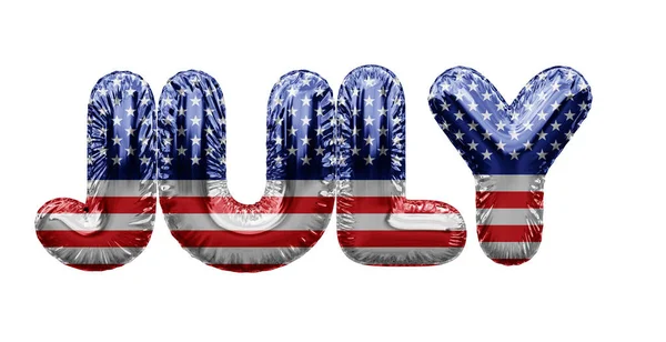 7 월: 미국 스타와 줄 무늬 풍선 단어. 3D 렌더링 — 스톡 사진