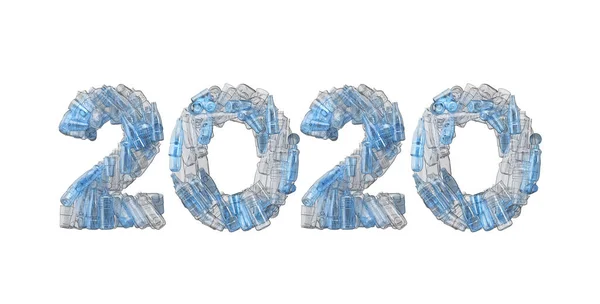 2020 palabra deletreada en fuente vacía botella de plástico. Renderizado 3D —  Fotos de Stock