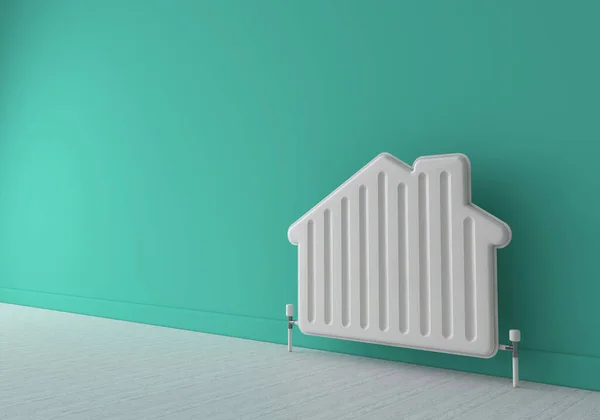 Verwarming radiator in de vorm van een huis. Huisenergie. 3D-weergave — Stockfoto