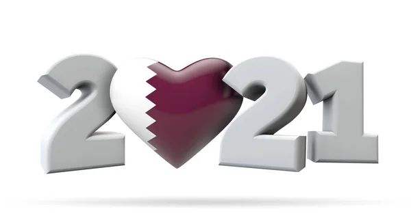 Anno nuovo 2021 con cuore bandiera qatar. Rendering 3D — Foto Stock