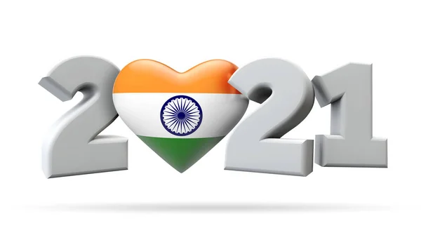 Anno nuovo 2021 con cuore bandiera india. Rendering 3D — Foto Stock