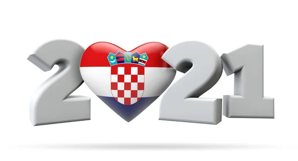 Νέο έτος 2021 με κροατική σημαία καρδιά. 3D απόδοση — Φωτογραφία Αρχείου