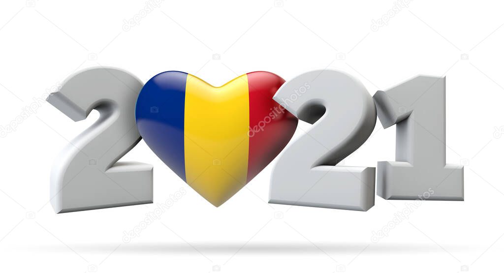 New year 2021 with romania flag heart. 3D Rendering