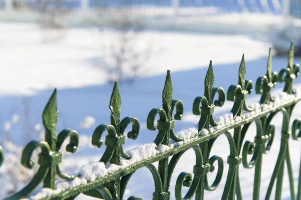 Green metal decorative fence in the snow