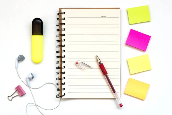 Office object tools. Note paper, open notepad, blank multi-colored paper blocks for notes on white, copy space