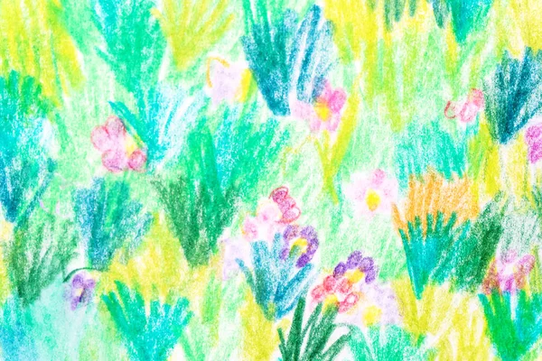 Hand drawn color crayons summer field botanical background. Blue and green grass, wild flowers. Artistic, pastel.