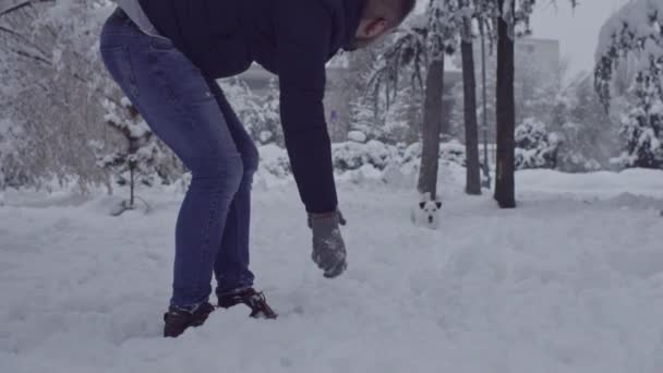 Άνθρωπος Παίζει Τζακ Ράσελ Τεριέ Σκυλί Στο Χιόνι Κουτάβι Ευτυχισμένη — Αρχείο Βίντεο