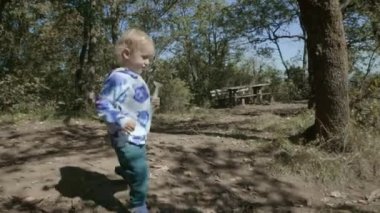 Orman sarı saçlı Genç güneşli günün kutlu ağaçlar balina oyuncak ile oynayan sevimli çocuk 