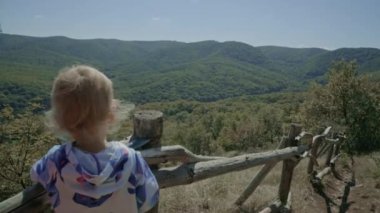 Şirin çocuk mutlu gülümseyen panorama yeşil ağaçlar çok uzak ormandaki çitin üzerinden sallayarak