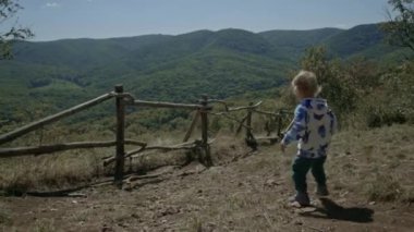 Şirin çocuk mutlu gülümseyen panorama yeşil ağaçlar çok uzak ormandaki çitin üzerinden sallayarak