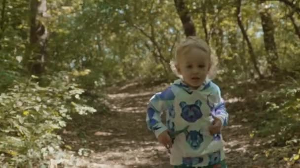 Miúdo Bonito Brincando Com Brinquedo Baleia Floresta Cabelo Loiro Feliz — Vídeo de Stock