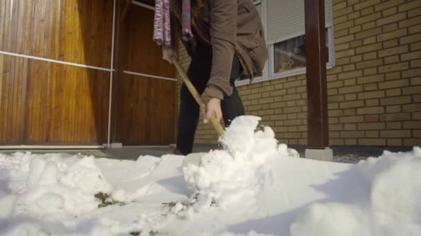 人の庭で新鮮な雪をシャベルをクリーニング — ストック動画