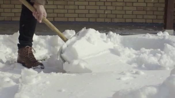 Homme Nettoyage Pelletage Neige Fraîche Dans Cour Ralenti — Video