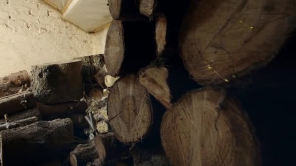 Man Taking Wood Old Barn — Stock Video