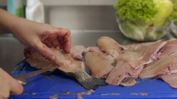 Corte Peixe Preparação Cozinha Profissional — Vídeo de Stock