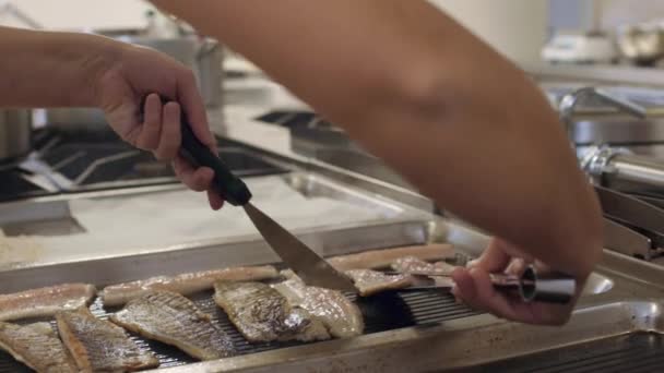 Fisch Auf Professionellem Grill Gegrillt — Stockvideo