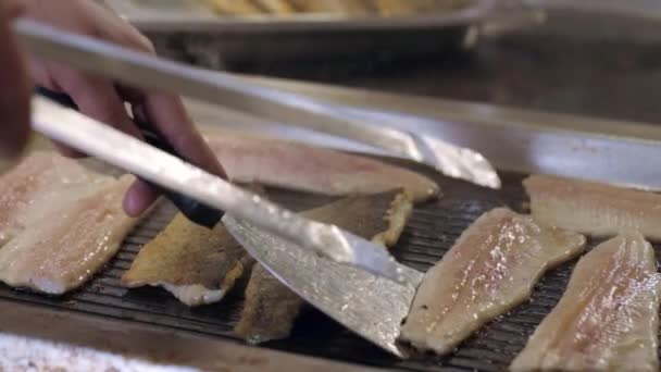 Fisch Auf Professionellem Grill Gegrillt — Stockvideo