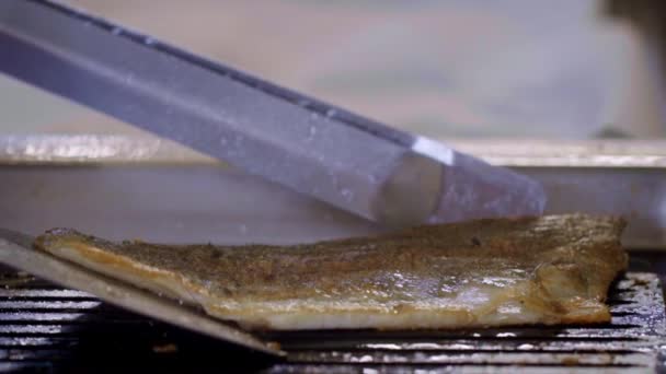 Рыба Гриль Профессиональном Гриле — стоковое видео